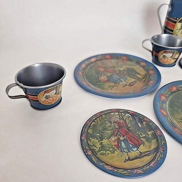 Children's Tin Litho Complete Tea Set of 4 Little Red Riding Hood Reproduction - Picture 2 of 11
